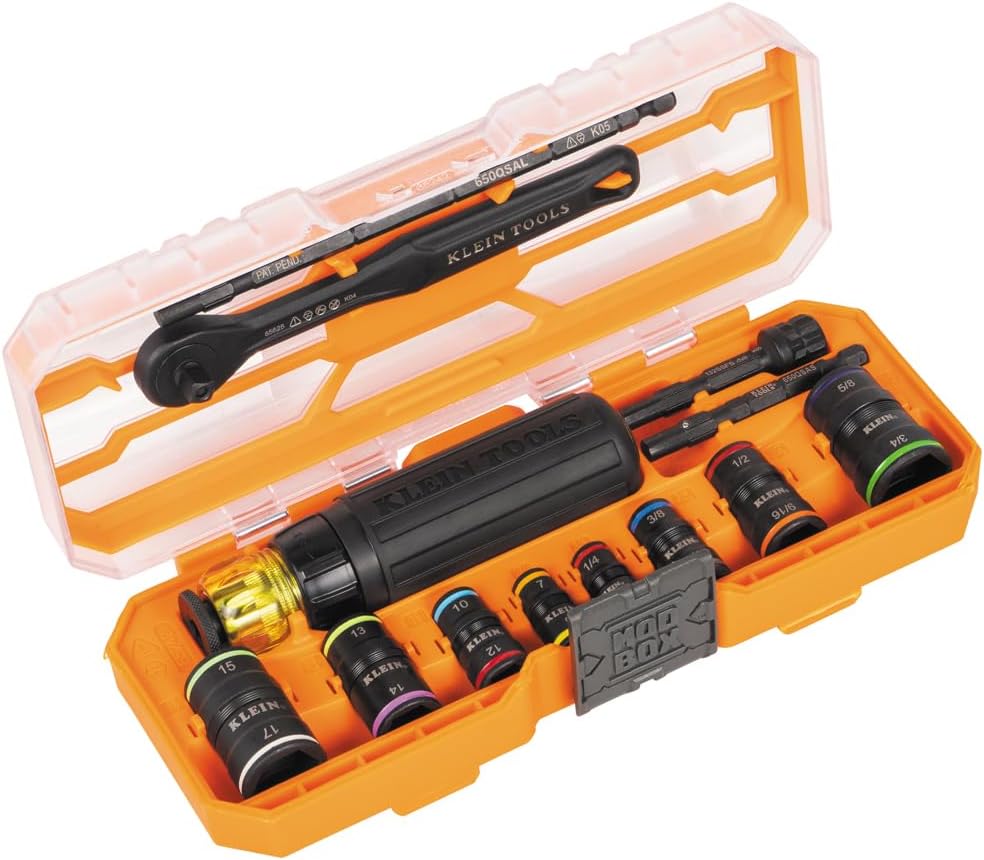 Ensemble de douilles à impact Klein Tools 65242 KNECT, jeu de tournevis à cliquet, entraînement 1/4", 4 douilles SAE et 4 douilles métriques réversibles, 16 tailles hexagonales, adaptateurs, coffret MODbox
