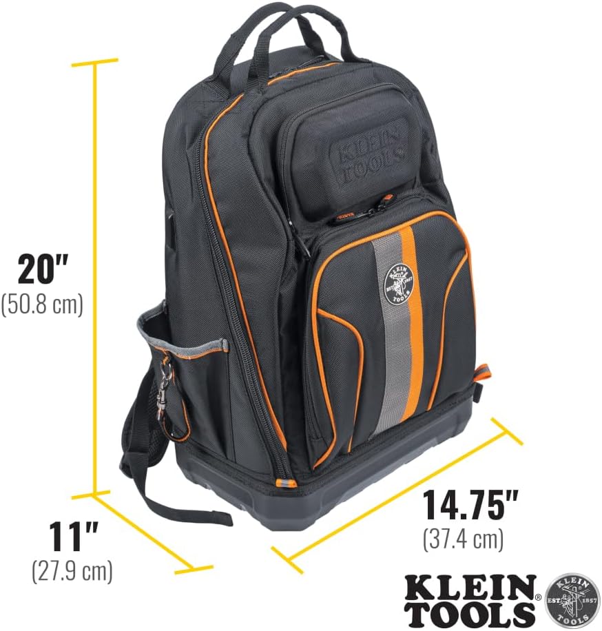 Sac à dos à équipements Klein Tools 62800BP, sac à dos de chantier Tradesman Pro extra-large à 40 poches destiné à électricien, doté de fond moulé et port de chargement