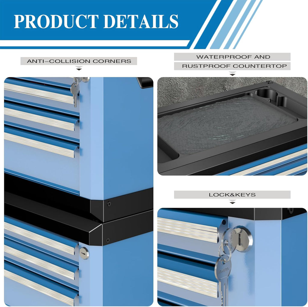 Coffre à outils pratiques à 4 tiroirs avec serrure et clés, coffre à outils portable avec plateau multifonctionnel, tapis de tiroir et trous de fixation, empilable avec les coffres à outils à 5 et 7 tiroirs de la même série pour en créer un plus gran
