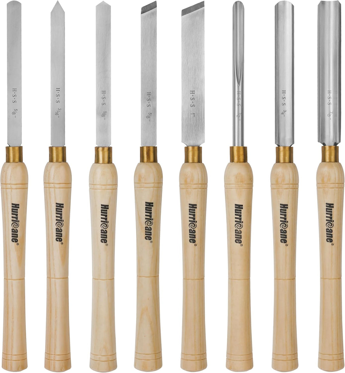 Ensemble de 8 ciseaux à bois HURRICANE destiné à tour à bois, équipements de tournage M2 HSS doté de 10 manches en bois massif, ensemble d'équipements destiné à débutants et bricoleurs, coffret de protection en bois inclus.