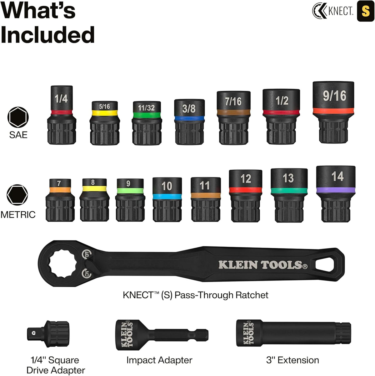 Ensemble de douilles à impact Klein Tools 65302KNECT, KNECT (S) Ensemble de 33 douilles traversantes SAE et métriques, adaptateur destiné à visseuse à impact, boîte de rangement destiné à équipements MODbox