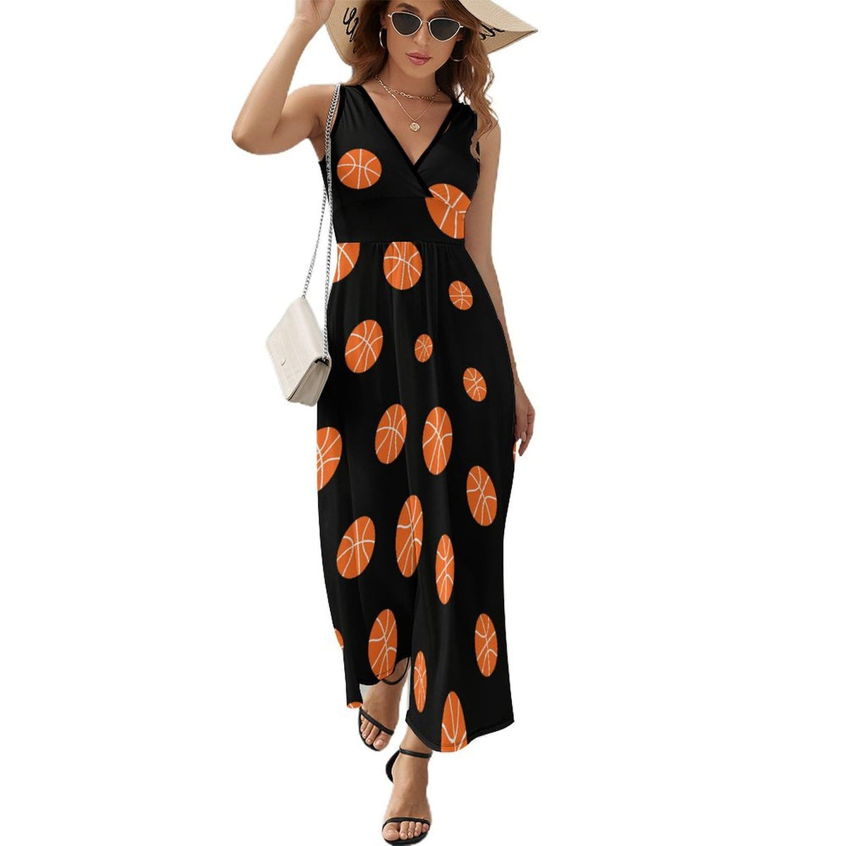 Robe longue sans manches imprimée basketball pour femme, col en V, style débardeur