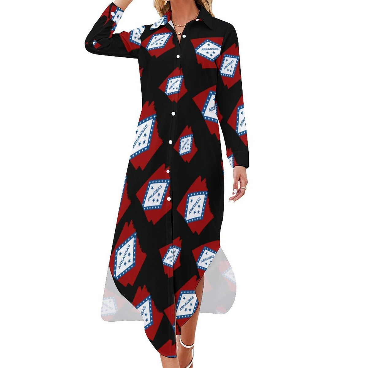 Robe-chemise tendance pour femme avec drapeau et carte de l'Arkansas, boutonnée, manches longues, maxi, robe d'été