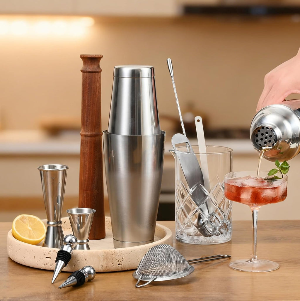 Ensemble de barman pour usage professionnel ETENS 33 pièces doté de shaker Boston lesté – Ensemble de mixologie haut de gamme destiné à bar à domicile – Ensemble d'ustensiles de bar en acier inoxydable comprenant un presse-agrumes incassable, une...
