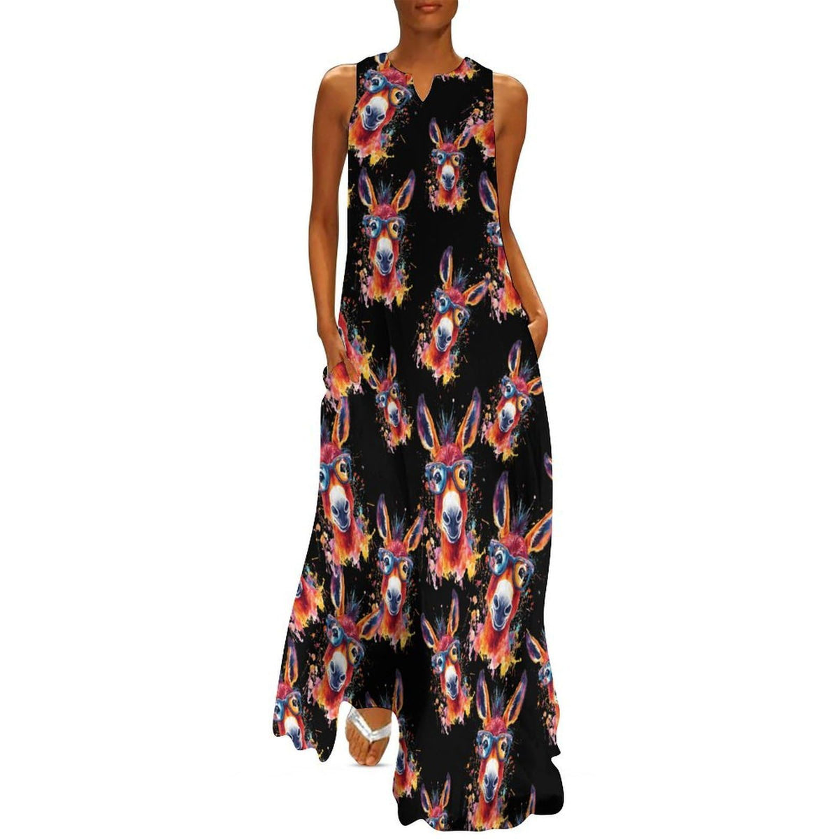 Robe longue maxi de cocktail ample sans manches à col en V avec poches, ornée d'un adorable motif d'âne.