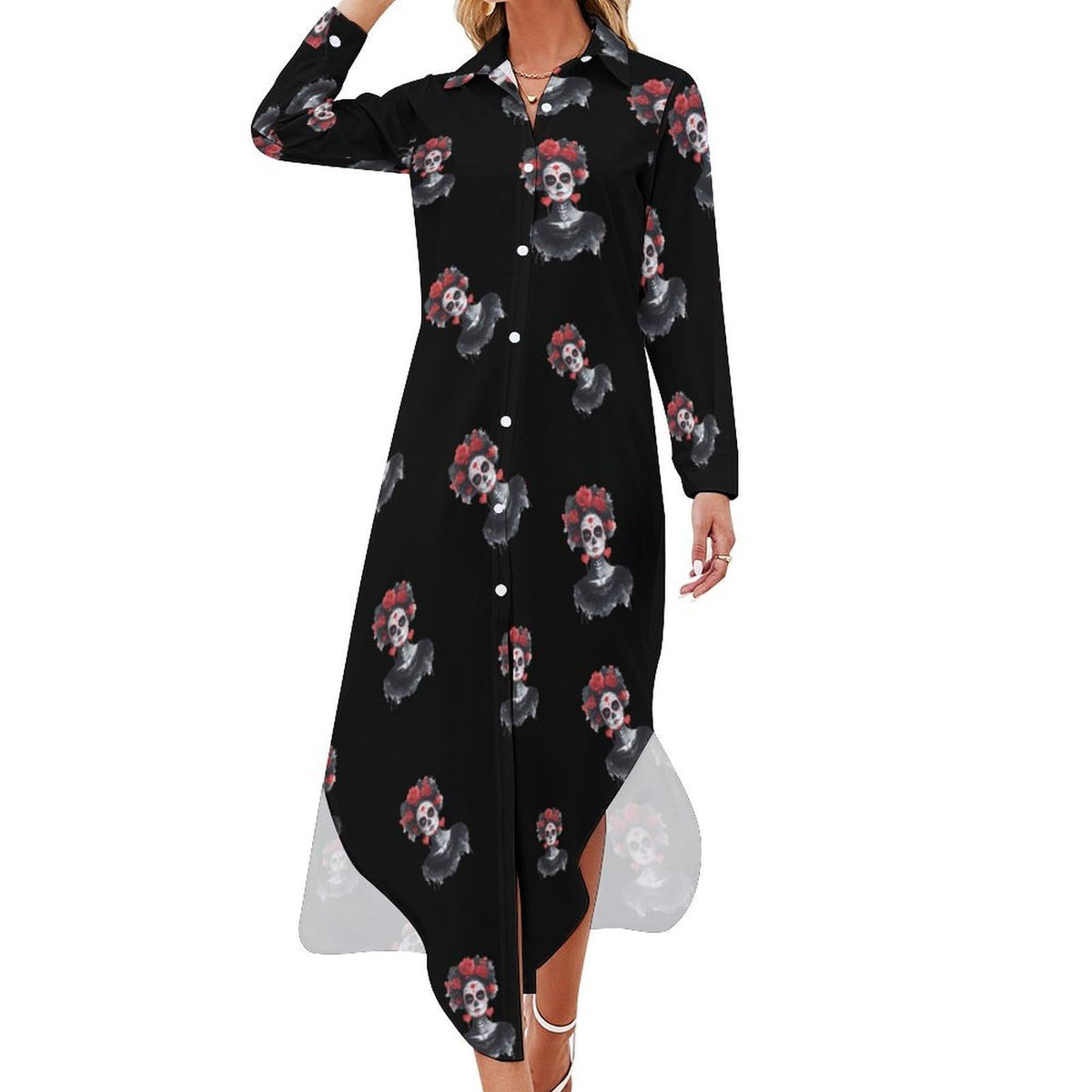 Robe-chemise tendance pour femme, motif Calavera Catrina, inspirée du Jour des Morts. Robe longue maxi boutonnée à manches longues.