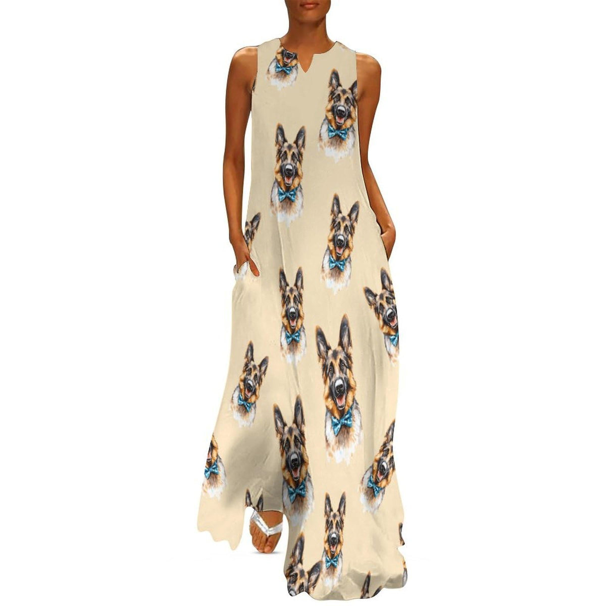 Robe longue maxi maxi sans manches pour femme, motif berger allemand aquarelle, col en V, coupe ample, unie, avec poches
