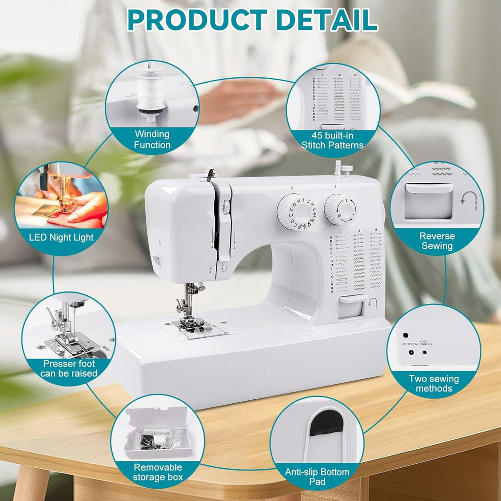 Mini machine à coudre destiné à enfants débutants, machine à coudre portable doté de 45 points intégrés et grande vitesse, double aiguille et kit de couture 42 pièces, prise US (110 V), cadeau idéal destiné à les femmes et les mamans qui aiment...