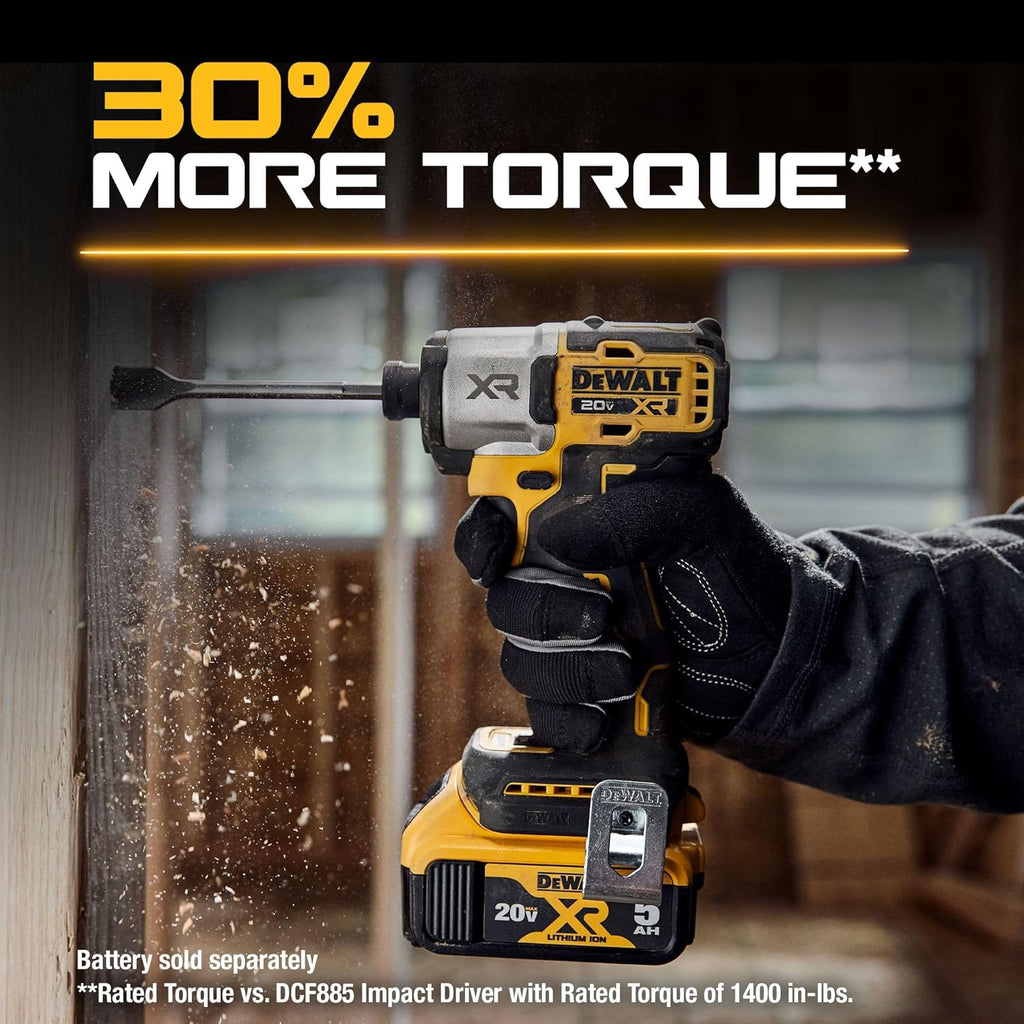 Visseuse à chocs DEWALT 20V MAX XR, 1/4 pouce, sans balais, couple élevé, 3 vitesses, sans fil haut de gamme doté de lumière DEL, autonomie prolongée, outil seul (DCF845B)