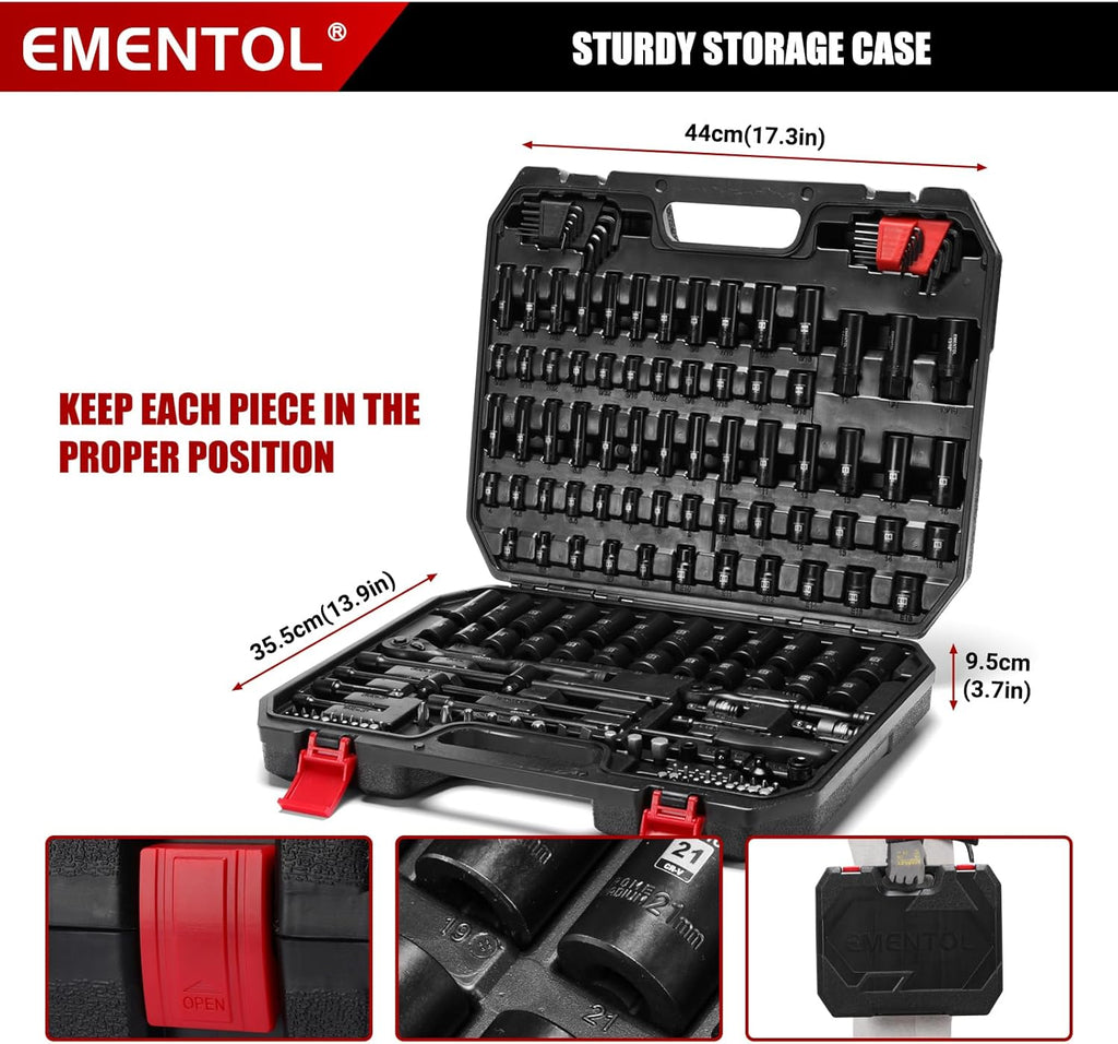 Ensemble de douilles à impact EMENTOL 189 pièces, entraînements métriques et SAE 1/4 et 3/8, acier CR-V, comprenant douilles profondes et courtes, cliquets, embouts, rallonges, douille destiné à bougies et plus encore