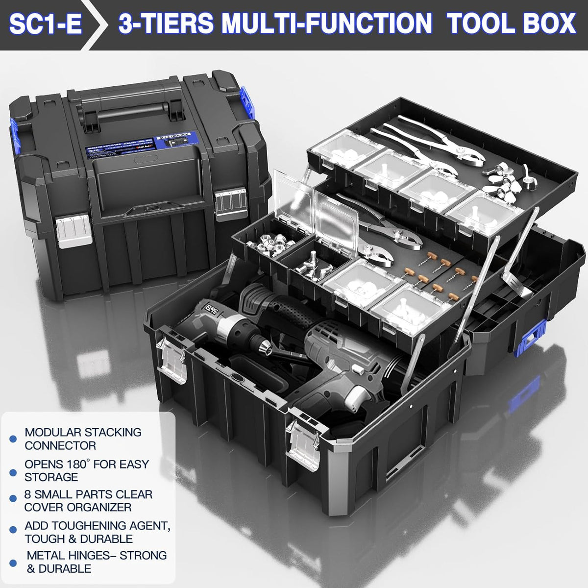 Coffre à outils pratiques empilable à 5 niveaux avec roulettes, coffre à outils roulant avec tiroirs, organisateur d'outils modulaire, coffre à outils portable avec compartiment transparent pour les pièces, coffre à outils grande capacité, pour le ra