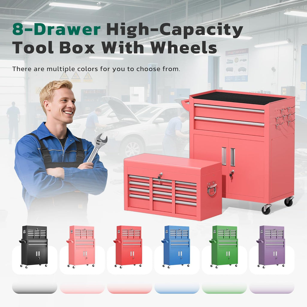 Coffre à outils Greenvelly, coffre à outils roulant à 8 tiroirs avec roulettes, compartiment supérieur amovible, livré assemblé avec doublure et crochets, idéal pour garage, atelier ou entrepôt, rose. – Pratique