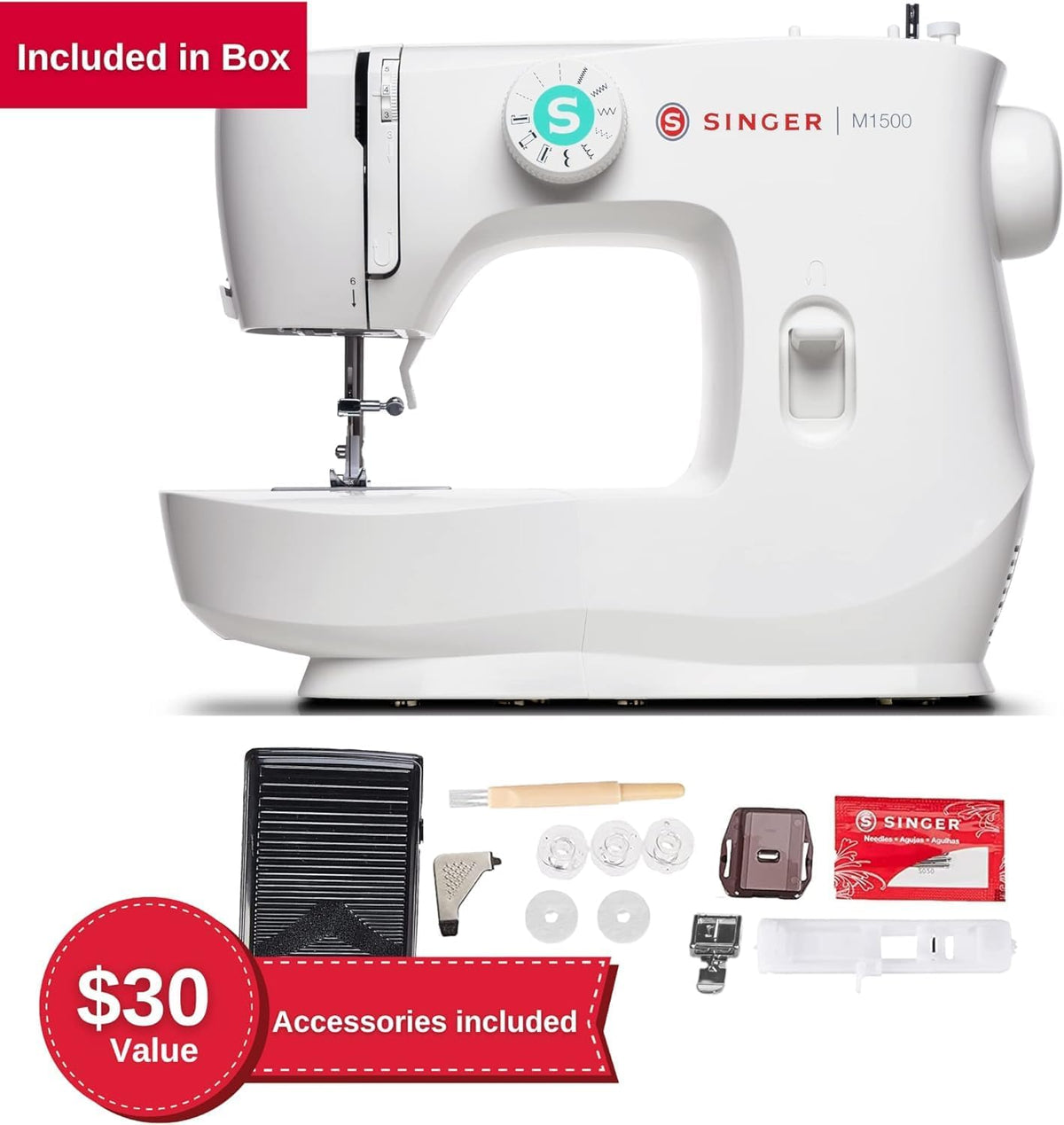 Machine à coudre SINGER® M1500 + kit d'accessoires | 6 points intégrés offrant 57 applications de couture | Légère et portable | Lumière LED et boutonnière automatique en 4 étapes | Idéale destiné à le quilting, les loisirs créatifs et les...