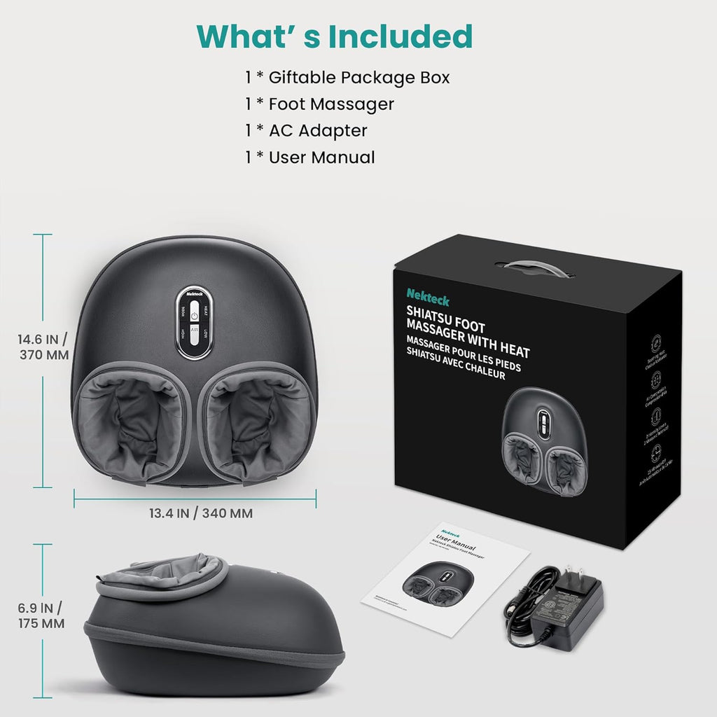 Appareil de massage des pieds Nekteck Shiatsu doté de fonction chauffante (version 2026 améliorée), 3 modes de massage par pétrissage profond et compression d'air, outil de massage destiné à soulager la fasciite plantaire, cadeau de relaxation...