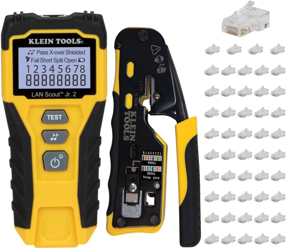 Ensemble de testeur de câbles RJ45 Klein Tools 80072 doté de LAN Scout Jr. 2, outil de sertissage/dénudage/coupe coaxial et paquet de 50 fiches de données modulaires traversantes