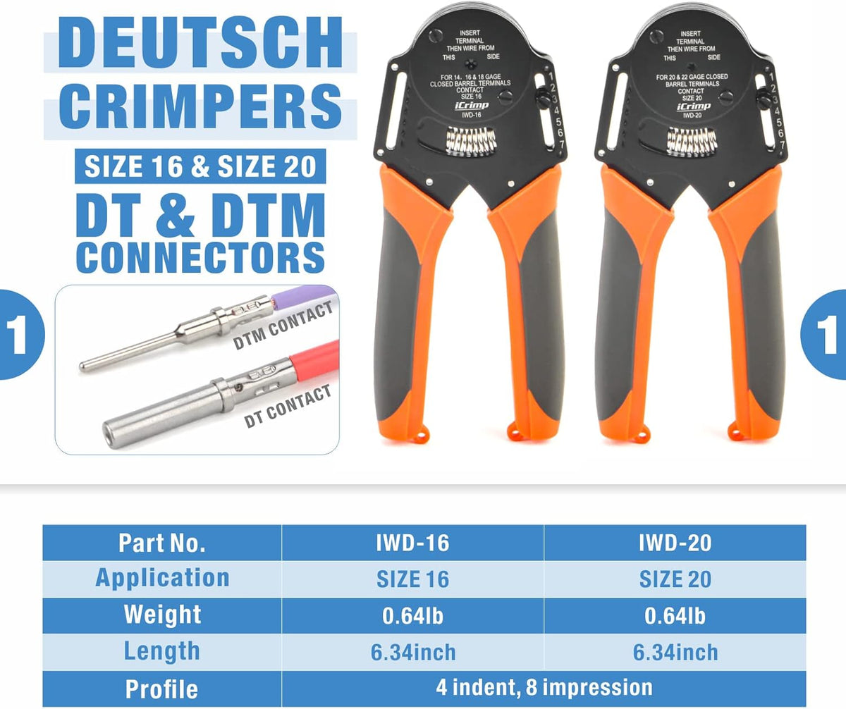 ensemble d'équipements de sertissage de fils IWISS iCrimp KIT-DC02 destiné à connecteurs Deutsch et bornes Weather Pack doté de équipements d'extraction de connecteurs