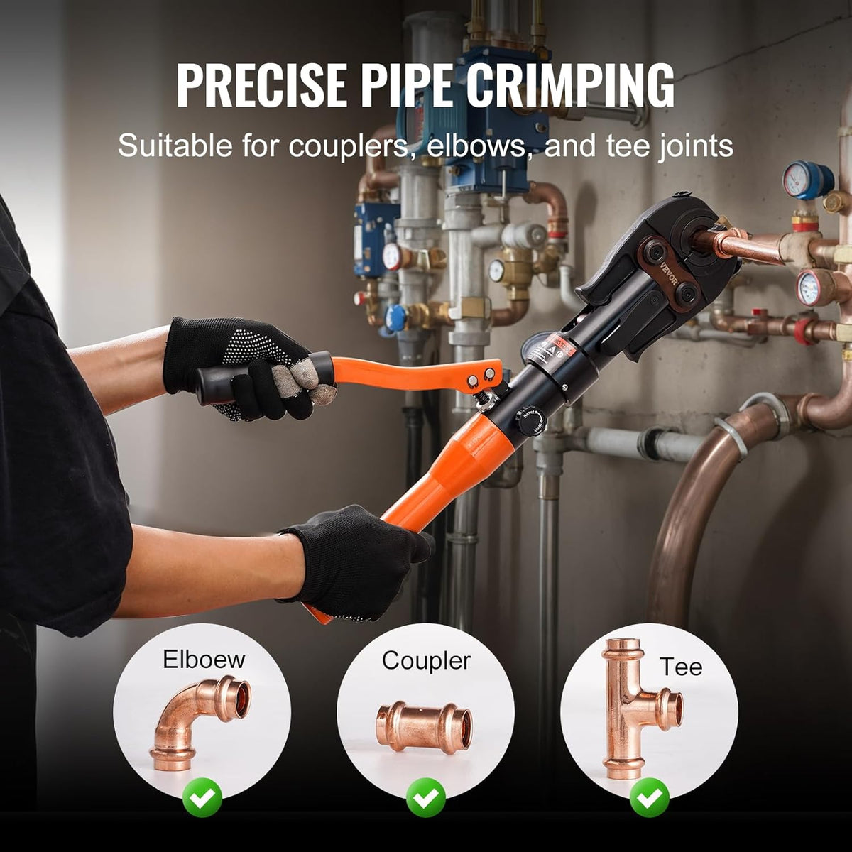 Dispositif de sertissage de tubes en cuivre VEVOR, presse hydraulique doté de mâchoires de 1/2, 3/4 et 1 pouce, sertisseur de tubes en cuivre destiné à espaces restreints et raccords en T