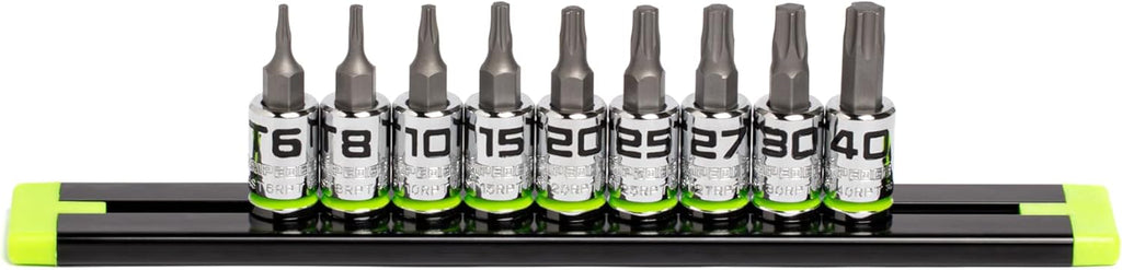 équipements GRIPEDGE | Ensemble de 9 tournevis Torx RPT | Tailles T6 à T40 | Entraînement 1/4" | Fabriqué en acier S2 | Comprend un rail de douilles en aluminium de qualité supérieure |