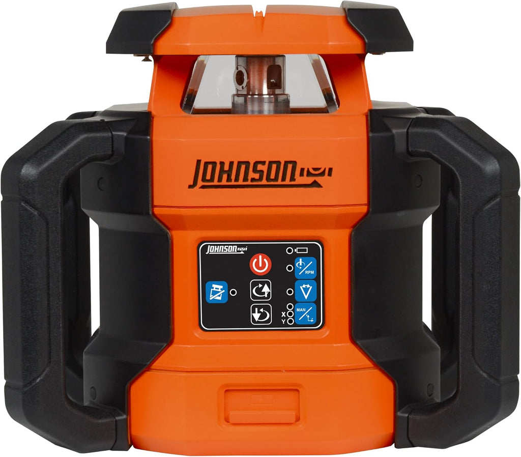 Système laser rotatif à double pente autonivelant rouge Johnson Level & Tool JRT300-RDHV-S, portée pour 1 220 m, batteries lithium-ion, cible magnétique, détecteur laser, télécommande, trépied et mire de 4 m.