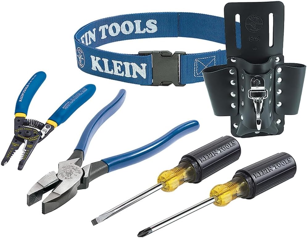 ensemble d'équipements de finition Klein Tools 80006, fabriqué aux États-Unis, comprenant des équipements à main Klein et une pochette en cuir à 4 poches, 6 pièces