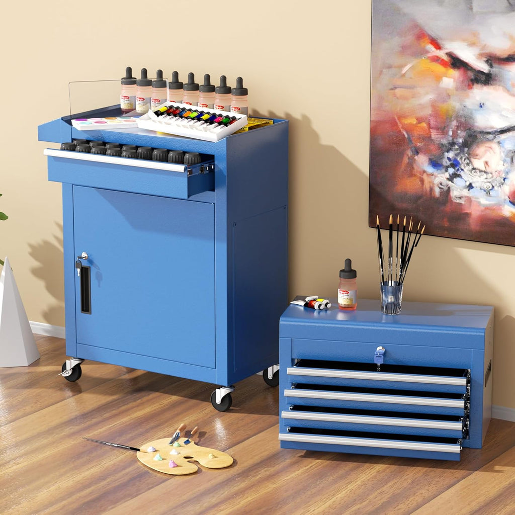 Coffre à outils bleu INTERGREAT, coffre à outils roulant à 5 tiroirs avec boîte à outils supérieure amovible, coffre à outils avec roues universelles verrouillables, servante à outils en métal pour garage, atelier, salon de coiffure