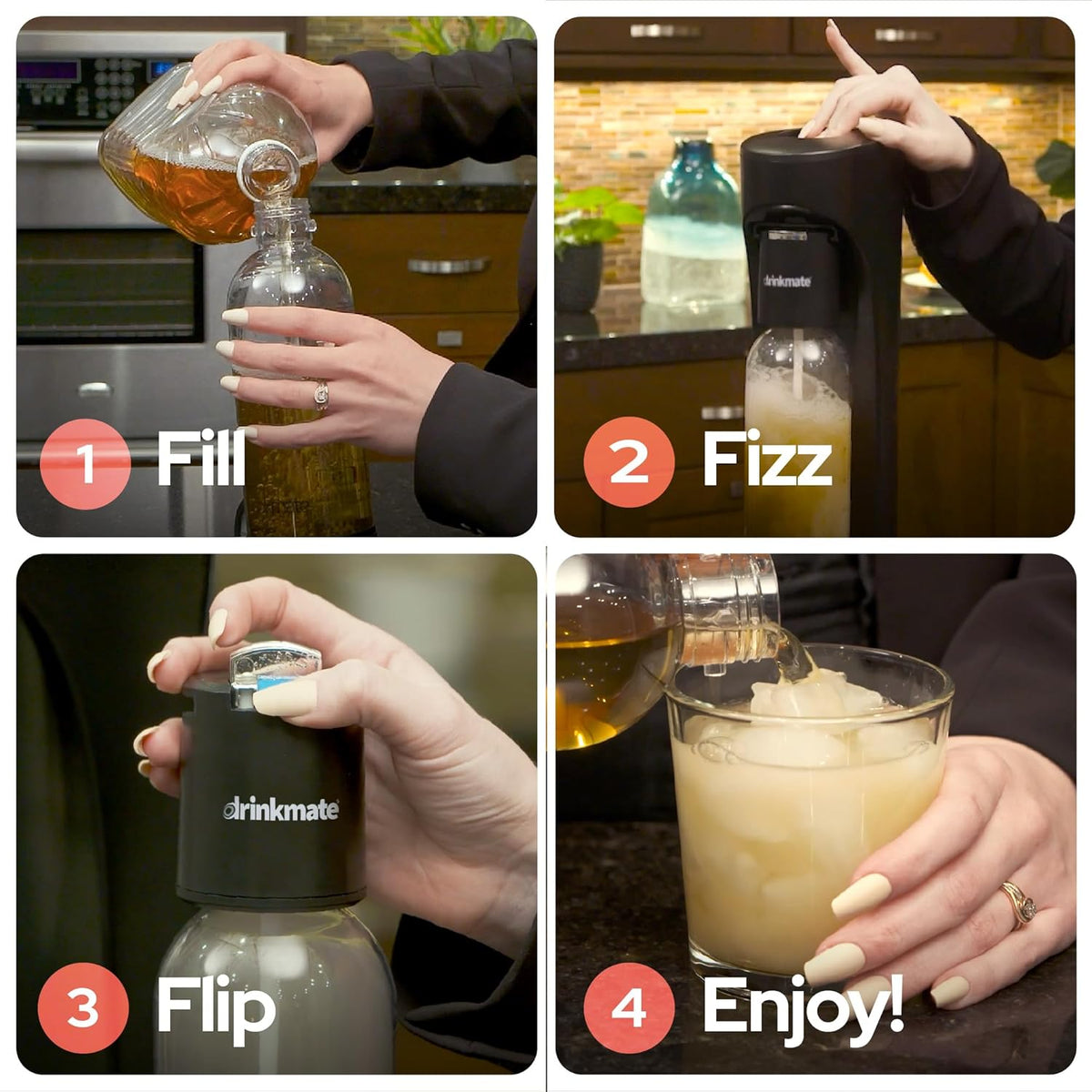 Ensemble de production de boissons gazeuses Drinkmate OmniFizz doté de cartouches de CO2 - Machine à eau pétillante/soda qui gazéifie toutes vos boissons - Comprend 4 cartouches de CO2, 1 bouteille de gazéification et 1 infuseur à bulles