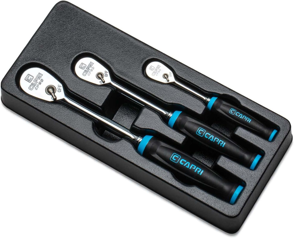Clé à cliquet Capri Tools Fine 90 dents, poignée ergonomique souple, entraînements 1/4, 3/8 et 1/2 po, 3 pièces – sélection pratique