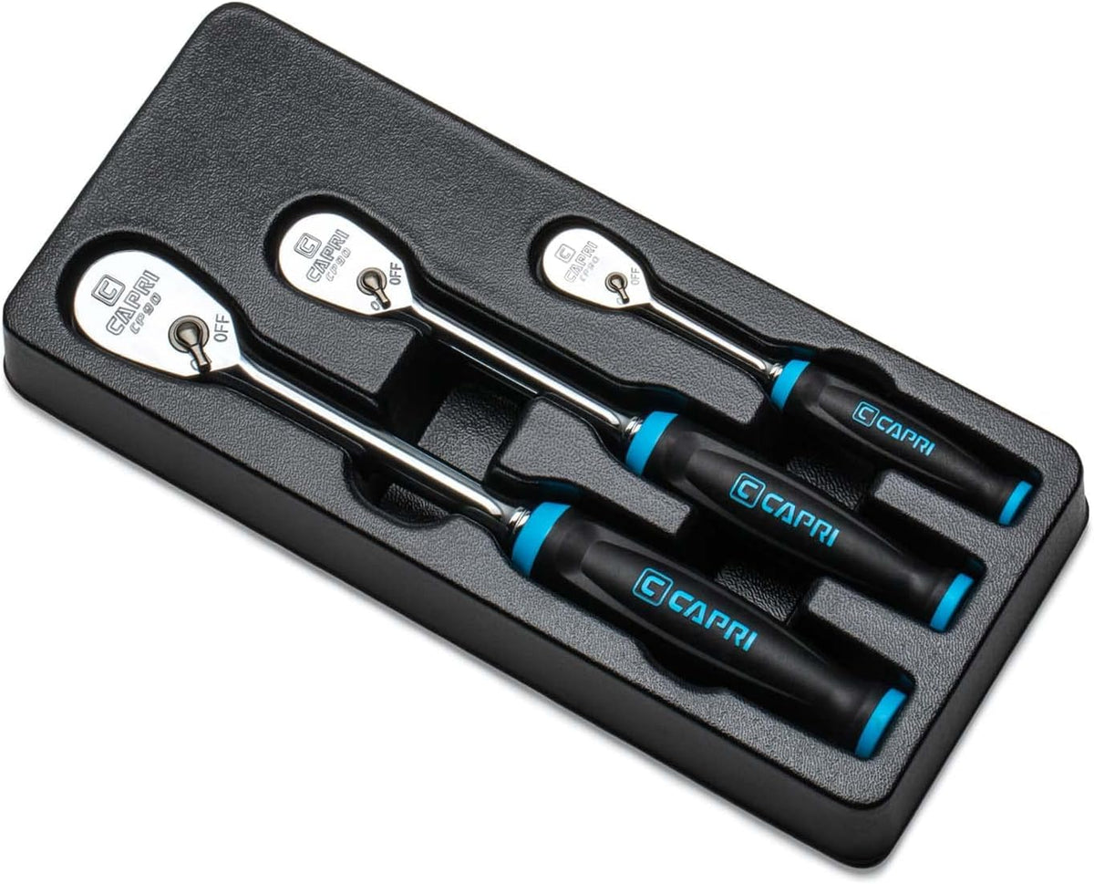 Clé à cliquet Capri Tools Fine 90 dents, poignée ergonomique souple, entraînements 1/4, 3/8 et 1/2 po, 3 pièces – sélection pratique