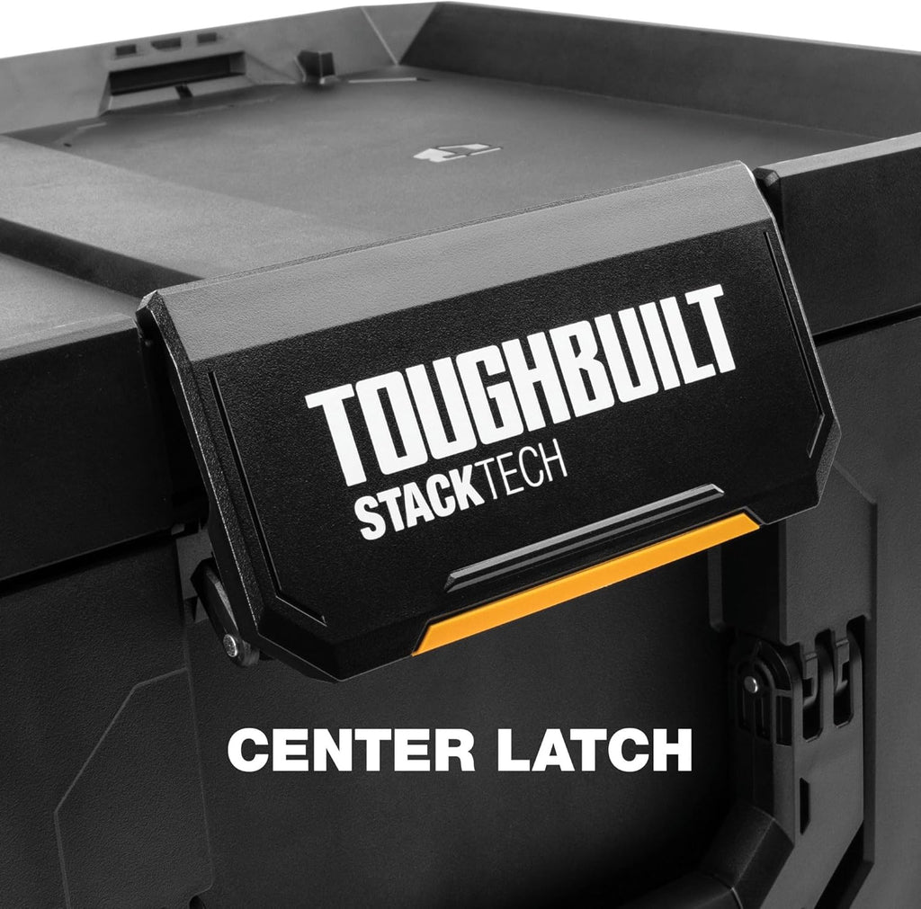 Coffret à outils pratiques ToughBuilt StackTech grand format avec interface à verrouillage automatique, couvercle auto-alignant, loquet à une main, rails pour accessoires, points de verrouillage et protection IP65