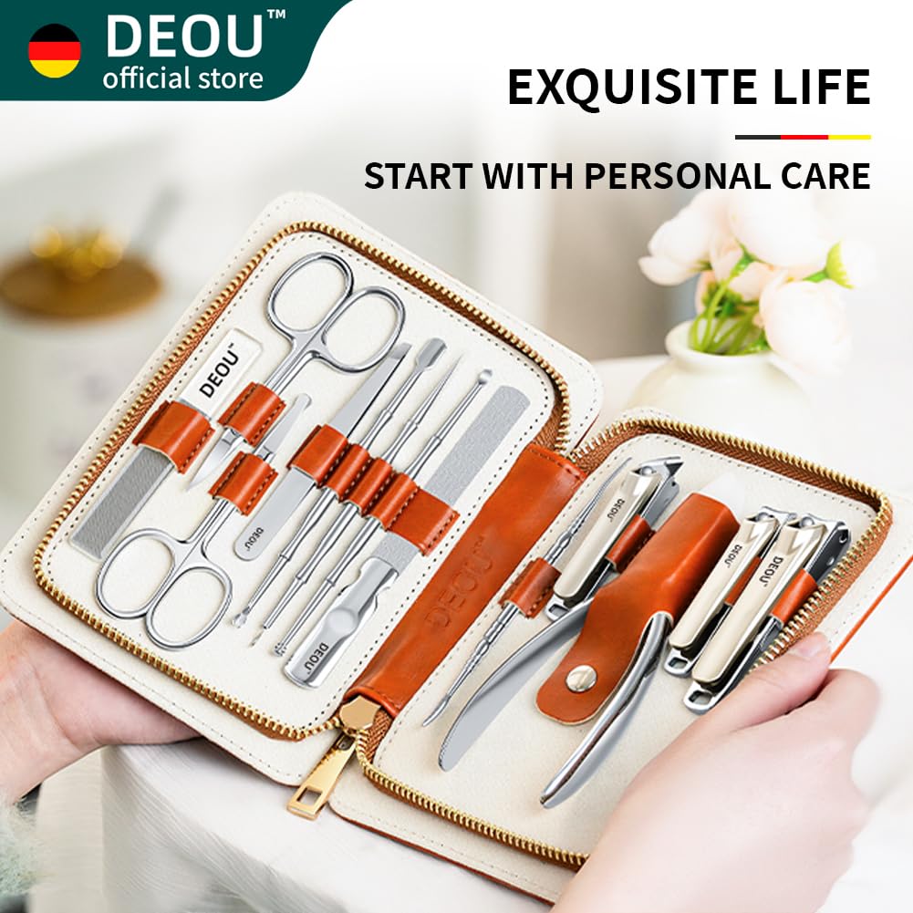 DEOU Ensemble de manucure pour usage professionnel 13 pièces destiné à femmes, en acier inoxydable, doté de trousse de voyage portable de luxe (cadeau).