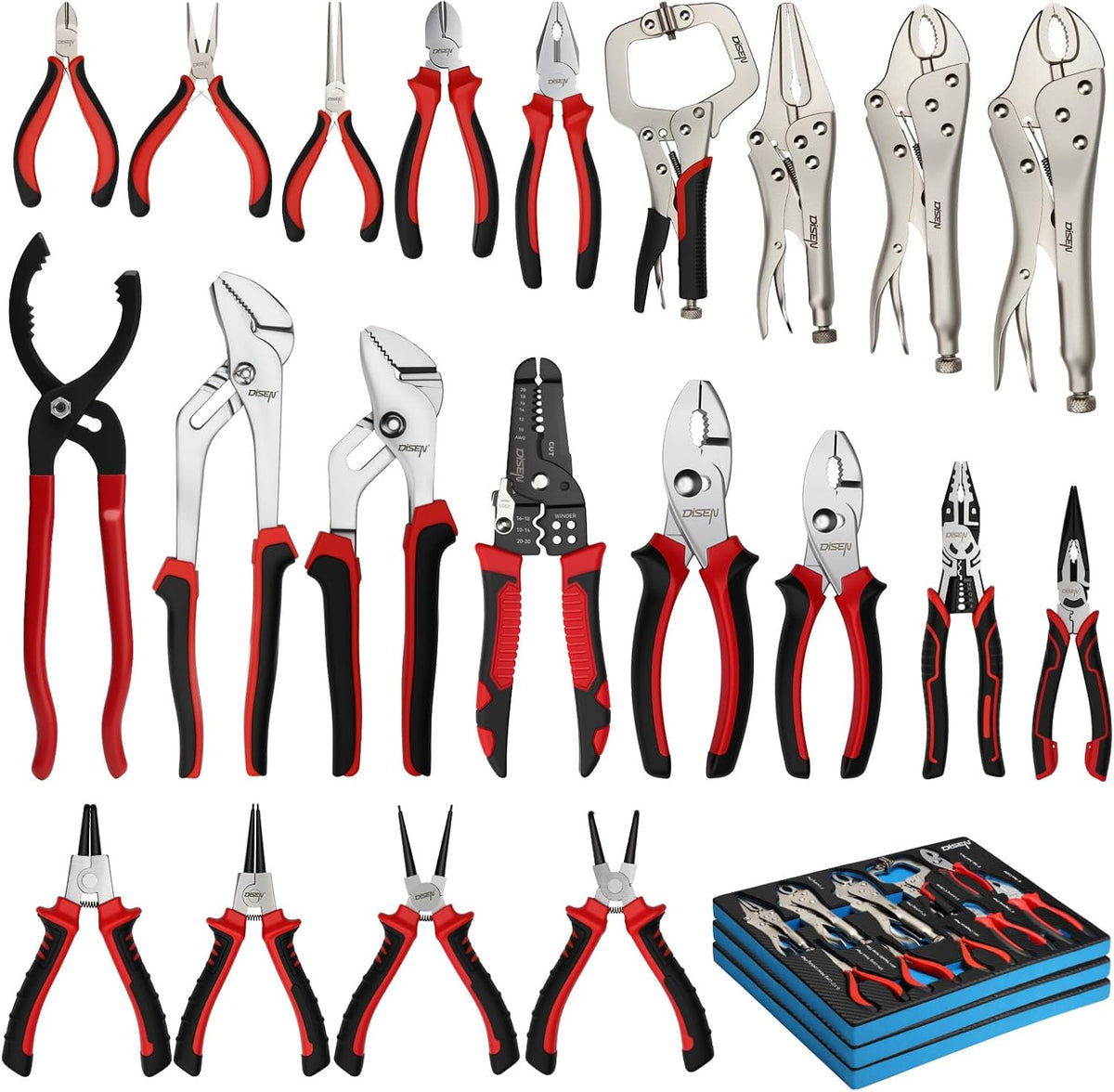 Ensemble de pinces DISEN, assortiment complet de 21 pinces doté de embouts en EVA, ensemble d'équipements polyvalent idéal destiné à la maison, les fêtes et la fête des pères.
