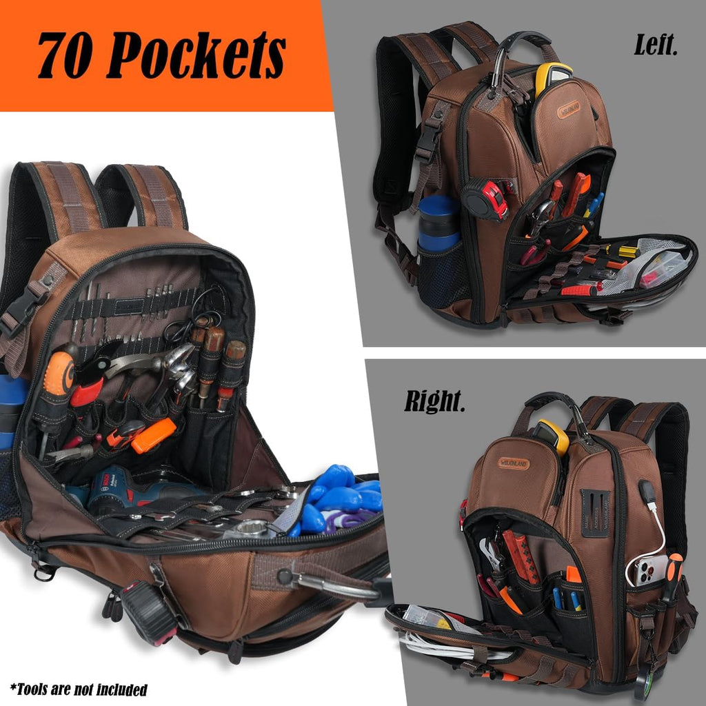Sac à dos WELKINLAND à 70 poches destiné à CVC, sac à dos robuste destiné à électricien, sac à dos à équipements rigide destiné à hommes, sac à dos à équipements étanche destiné à la construction.