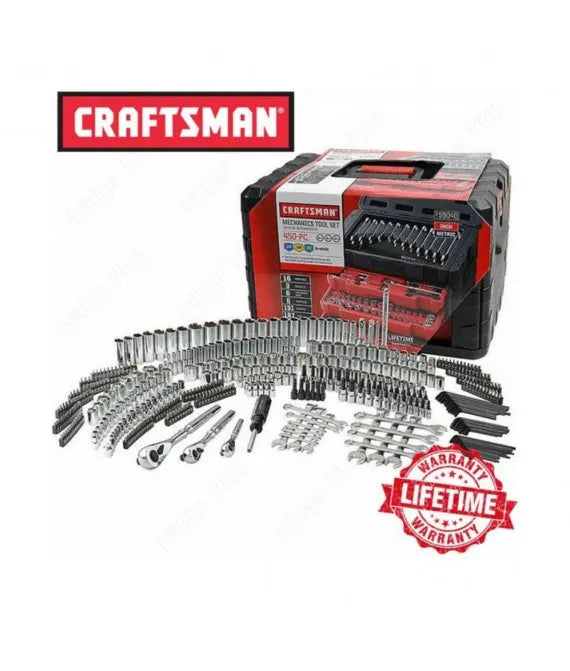 Ensemble d'équipements de mécanicien Craftsman 450 pièces, comprenant une clé à cliquet, des douilles et des clés à main.