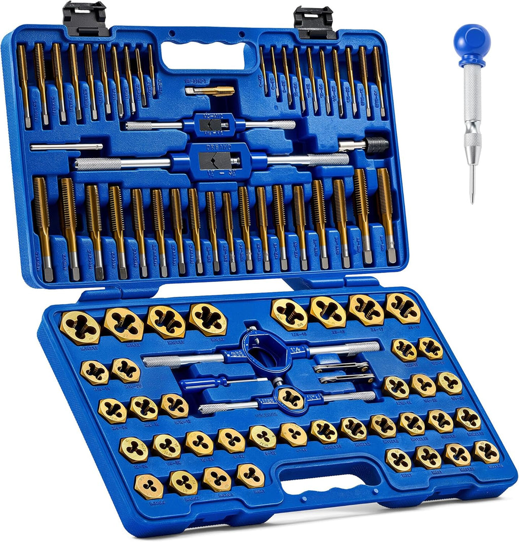 Ensemble de tarauds et filières Orion Motor Tech 86 pièces, compatible SAE et métrique, destiné à filetage intérieur et extérieur, filetage gros et fin, doté de mallette de transport.