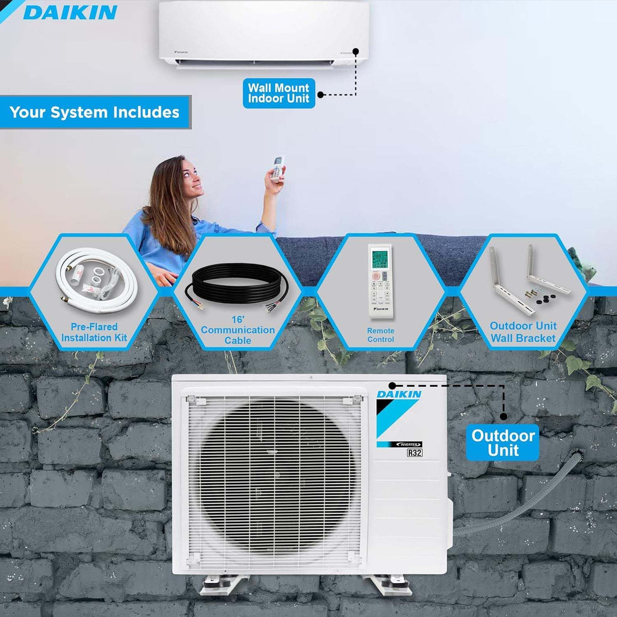 Système de pompe à chaleur mini-split sans conduit Daikin Entra R32 Series 12 000 BTU 18 SEER2 doté de kit d'installation tout inclus Maxwell de 4,57 m et support de montage mural (230 V), blanc, RXC12+FTXC12+IKM1438+WAFP24