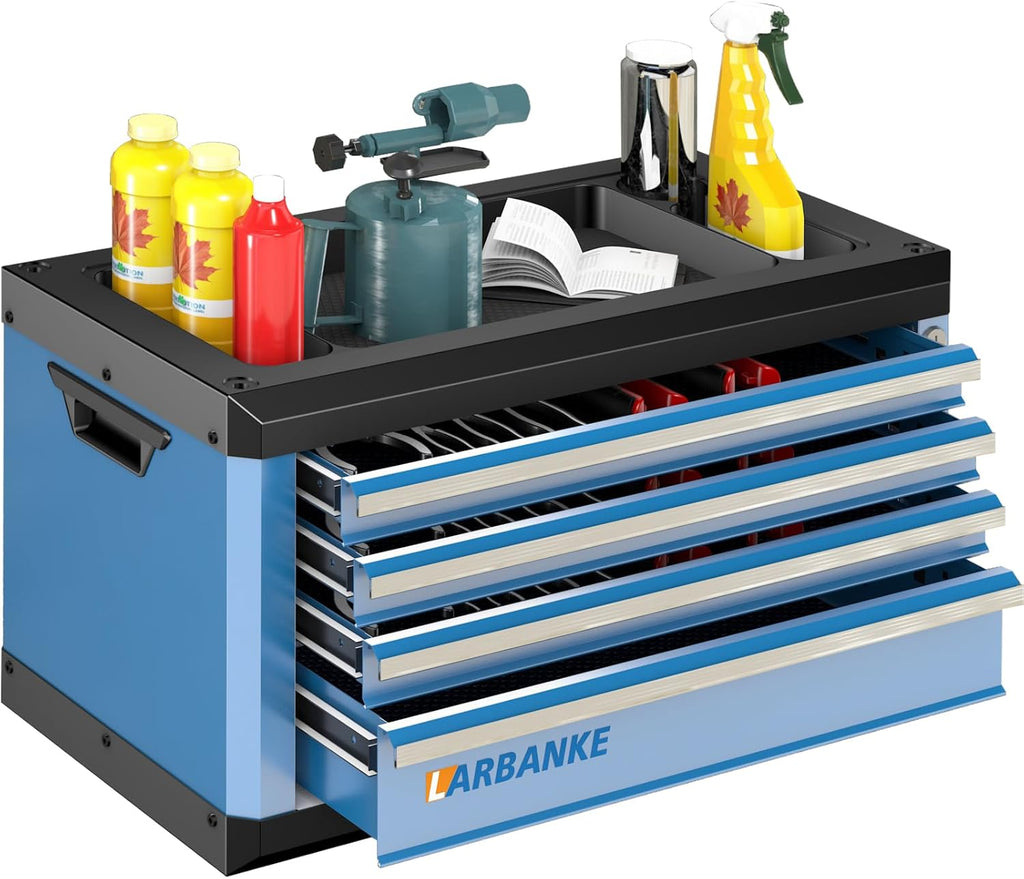 Coffre à outils pratiques à 4 tiroirs avec serrure et clés, coffre à outils portable avec plateau multifonctionnel, tapis de tiroir et trous de fixation, empilable avec les coffres à outils à 5 et 7 tiroirs de la même série pour en créer un plus gran