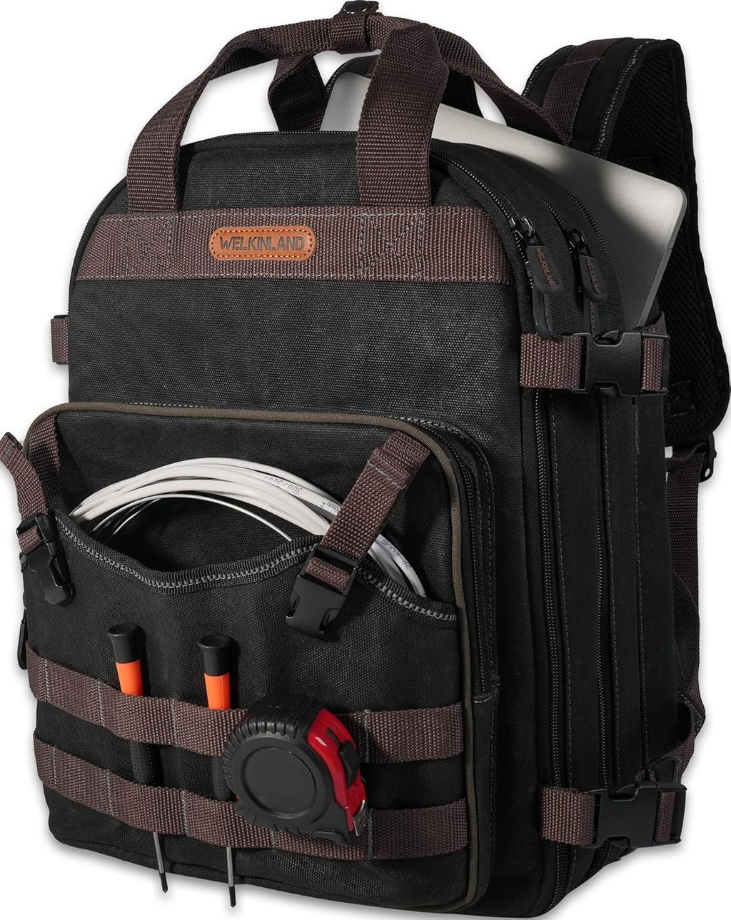 Sac à dos d'électricien WELKINLAND à 90 poches, sac à dos à équipements en toile cirée robuste et pratique doté de poches