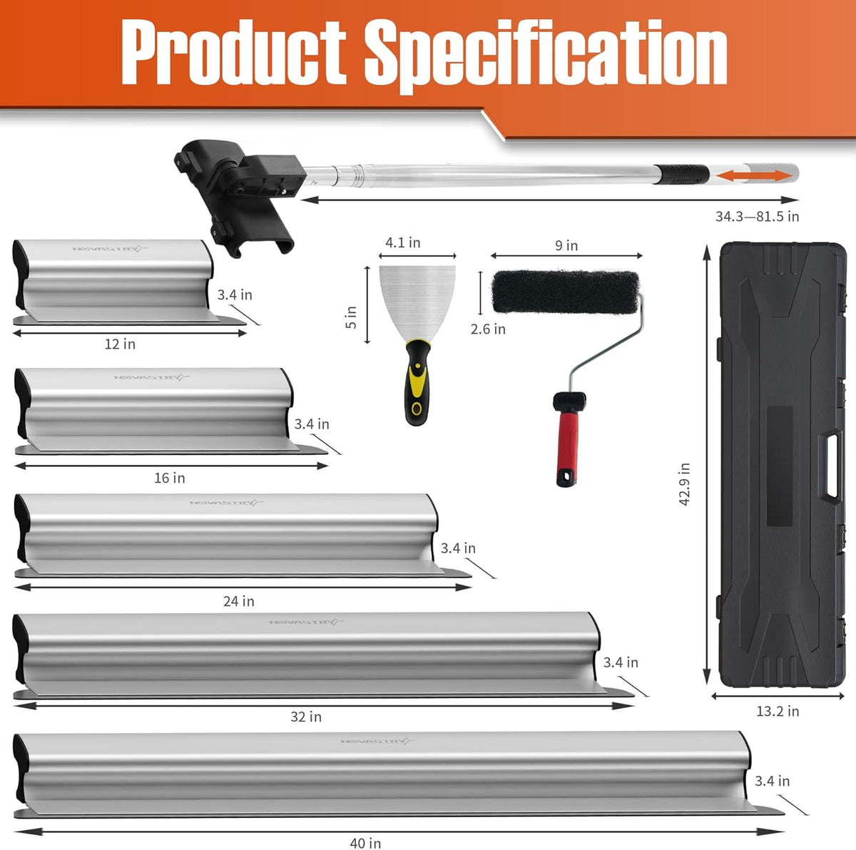 Kit pour usage professionnel de lames à enduire destiné à cloisons sèches (12, 16, 24, 32 et 40 pouces), équipements de finition murale en acier inoxydable doté de rallonge, rouleau et couteau à mastic, ensemble léger doté de mallette de transport