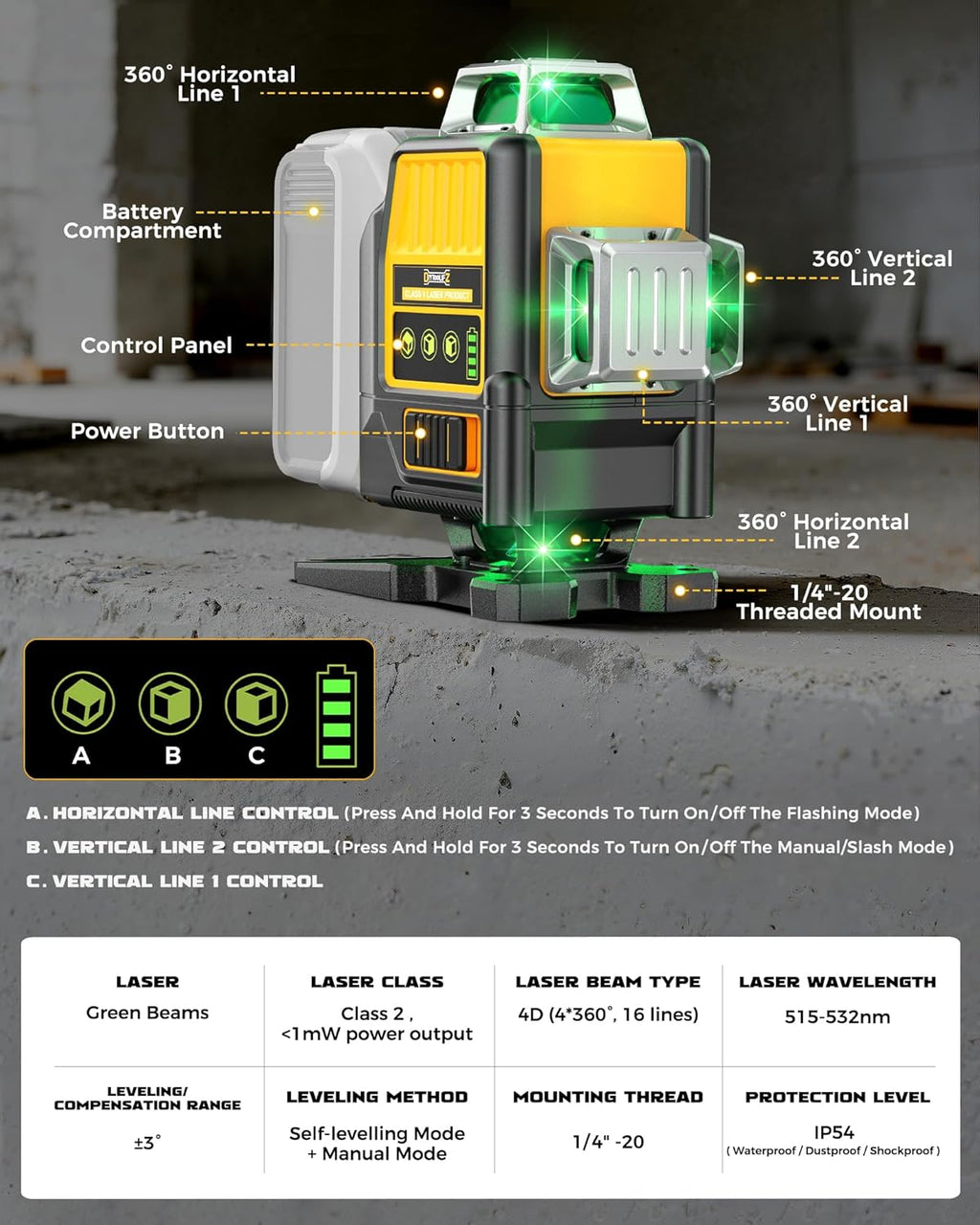 Niveau laser DIYtoolifz compatible doté de batterie DeWalt 20 V, autonivelant 4D 4x360°, outil de niveau laser vert 4 voies à 16 lignes destiné à projets de construction, carrelage, rénovation, utilisation intérieure, sans pile