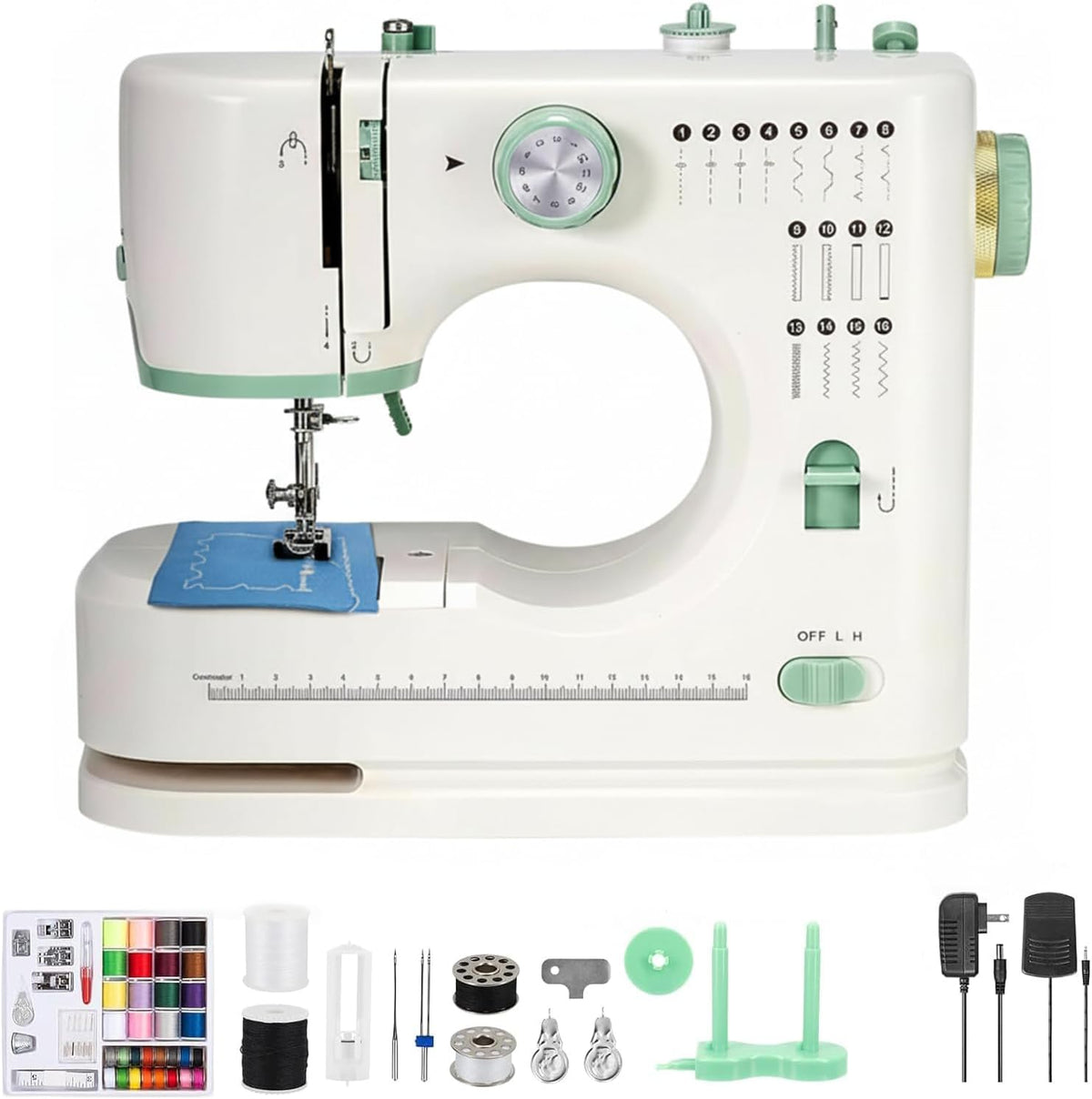 Machine à coudre électrique destiné à débutants, à double aiguille, doté de 16 points de couture, pédale et kit d'accessoires 42poc destiné à loisirs créatifs (verte).