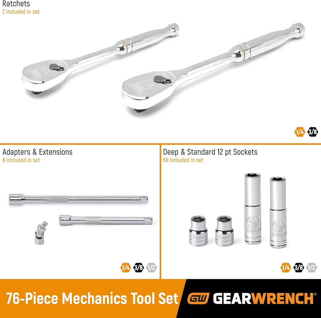 Ensemble d'équipements de mécanicien GEARWRENCH 76 pièces, entraînement 1/4 et 3/8, 12 pans, standard et profond, SAE/métrique - 80948