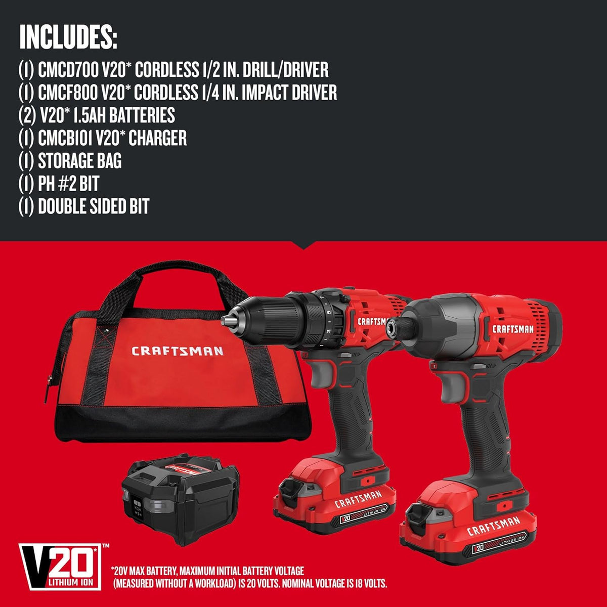 Ensemble perceuse-visseuse et visseuse à percussion sans fil CRAFTSMAN V20 MAX, comprenant 2 batteries, un chargeur, une lampe pour travail LED, 2 embouts et un sac (CMCK200C2)