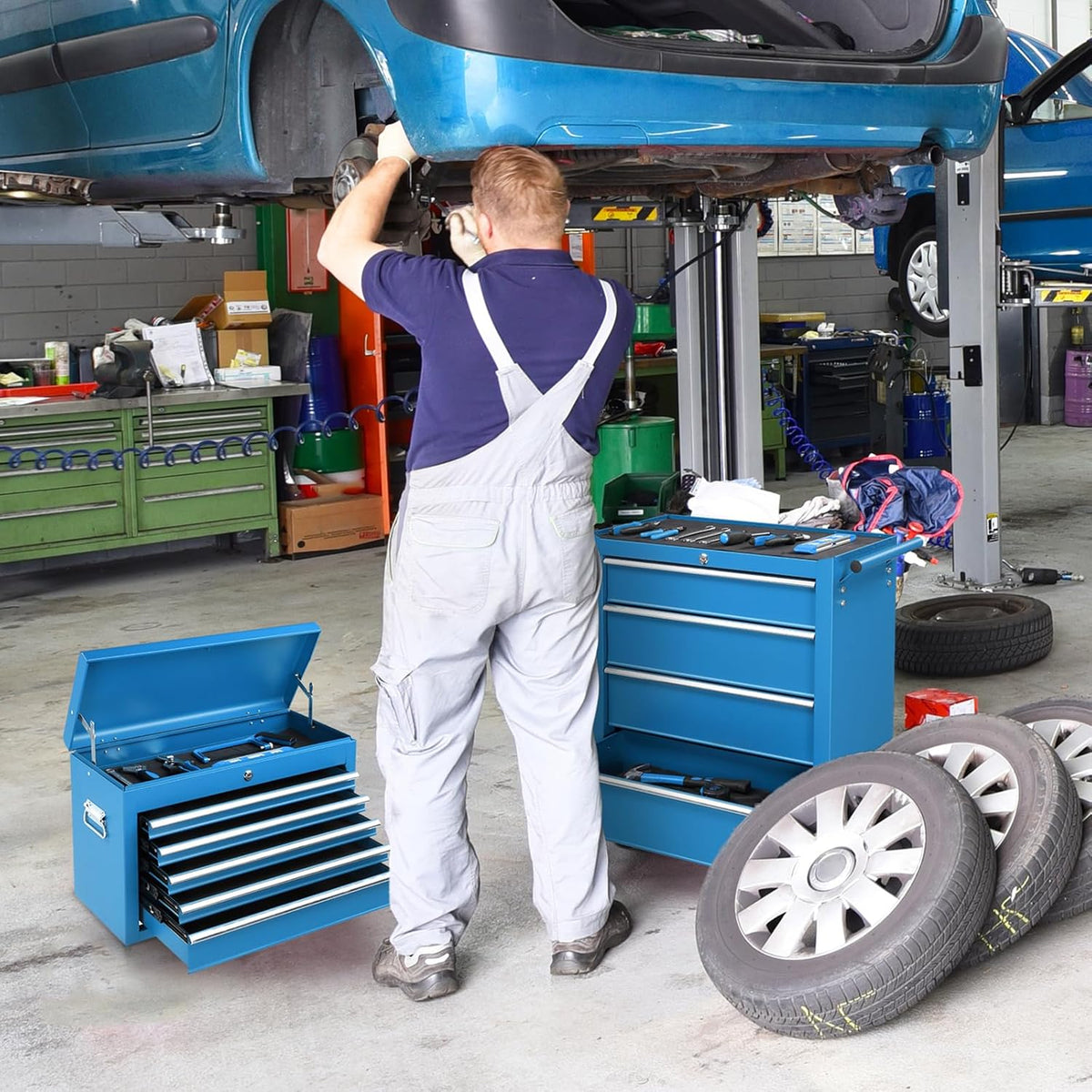 Coffre à outils portable Winado 24, coffre à outils à 5 tiroirs avec poignée de transport, compartiment supérieur, glissières à billes, coffre à outils métallique verrouillable pour garage, entrepôt, atelier de réparation et maison, bleu – Pratique