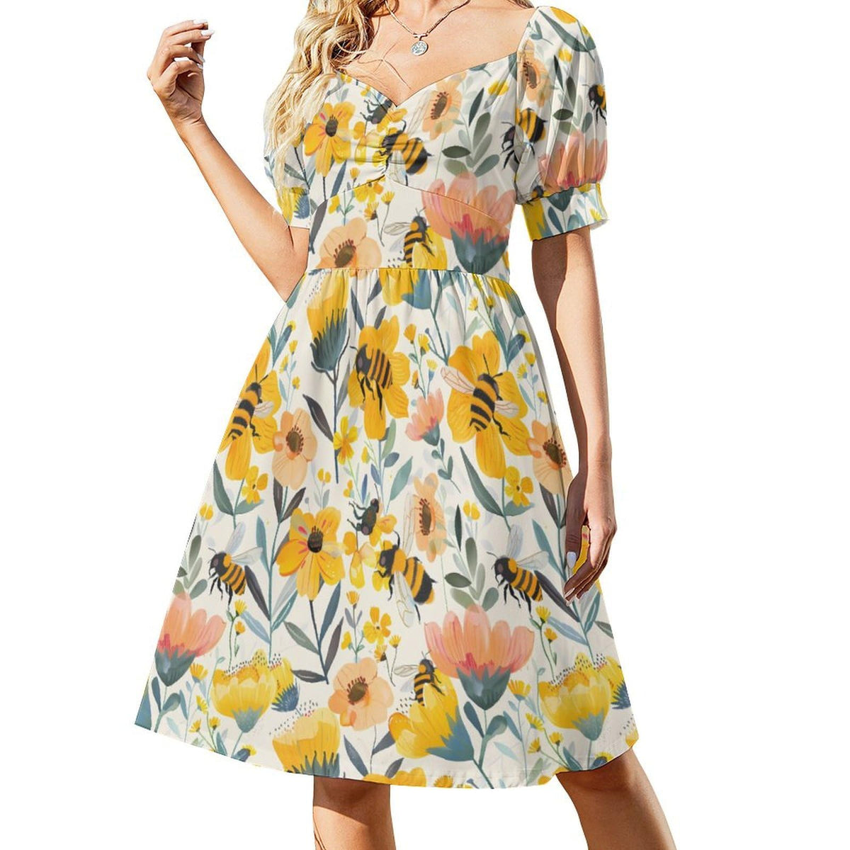 Robe d'été à manches courtes pour femme, ornée d'abeilles et de fleurs, col en V et style évasé.