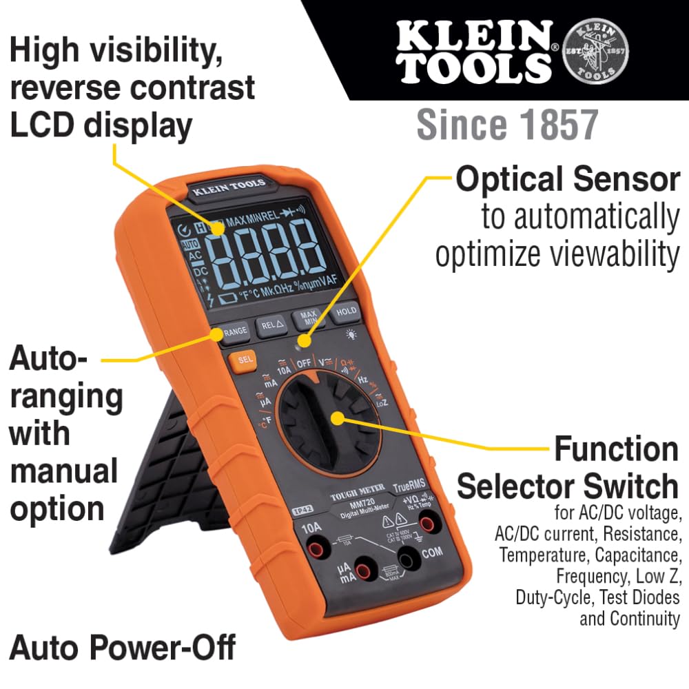 Multimètre numérique Klein Tools MM720, sélection automatique pour la gamme, TRMS, faible impédance (LoZ), tension AC/DC 1000 V, courant AC/DC 10 A, résistance 60 MΩ