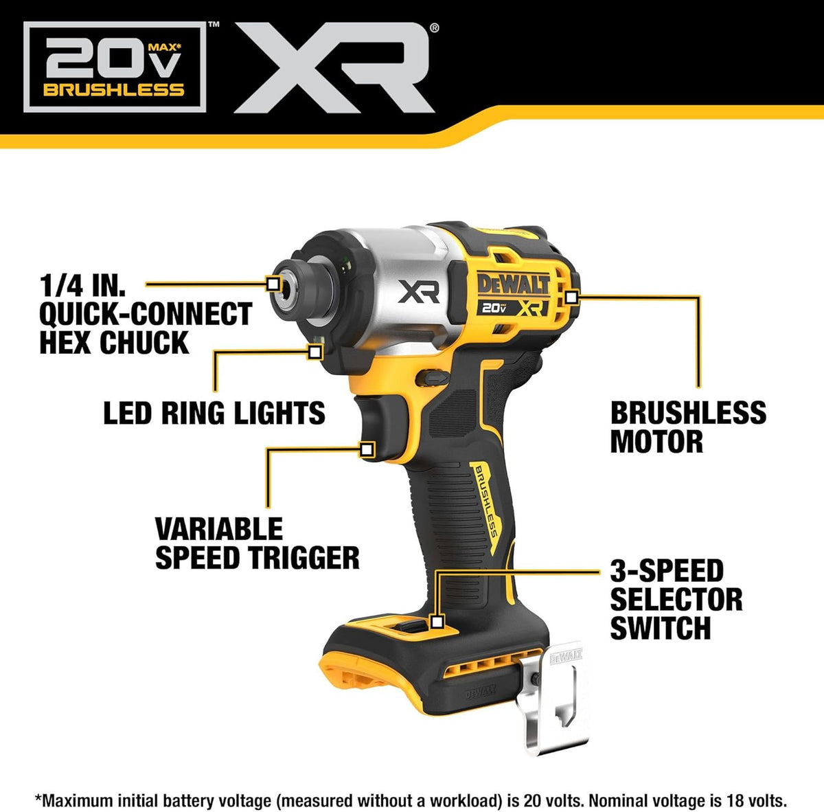 Visseuse à chocs DEWALT 20V MAX XR, 1/4 pouce, sans balais, couple élevé, 3 vitesses, sans fil haut de gamme doté de lumière DEL, autonomie prolongée, outil seul (DCF845B)
