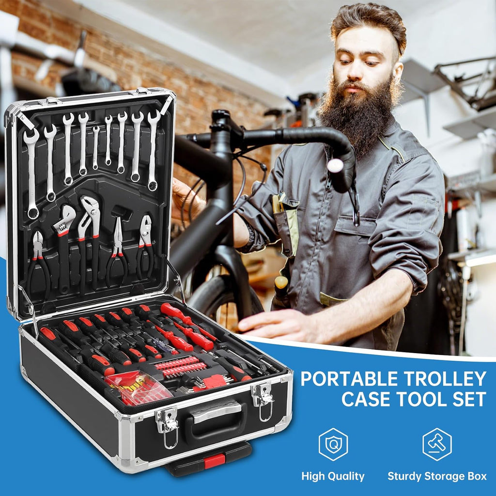 Coffret d'outils de mécanicien de 800 pièces avec valise à roulettes en aluminium, comprenant un ensemble complet de douilles et de clés, ainsi que des outils à main. Coffret à outils portable pour garage, idéale pour la réparation automobile, l'entr