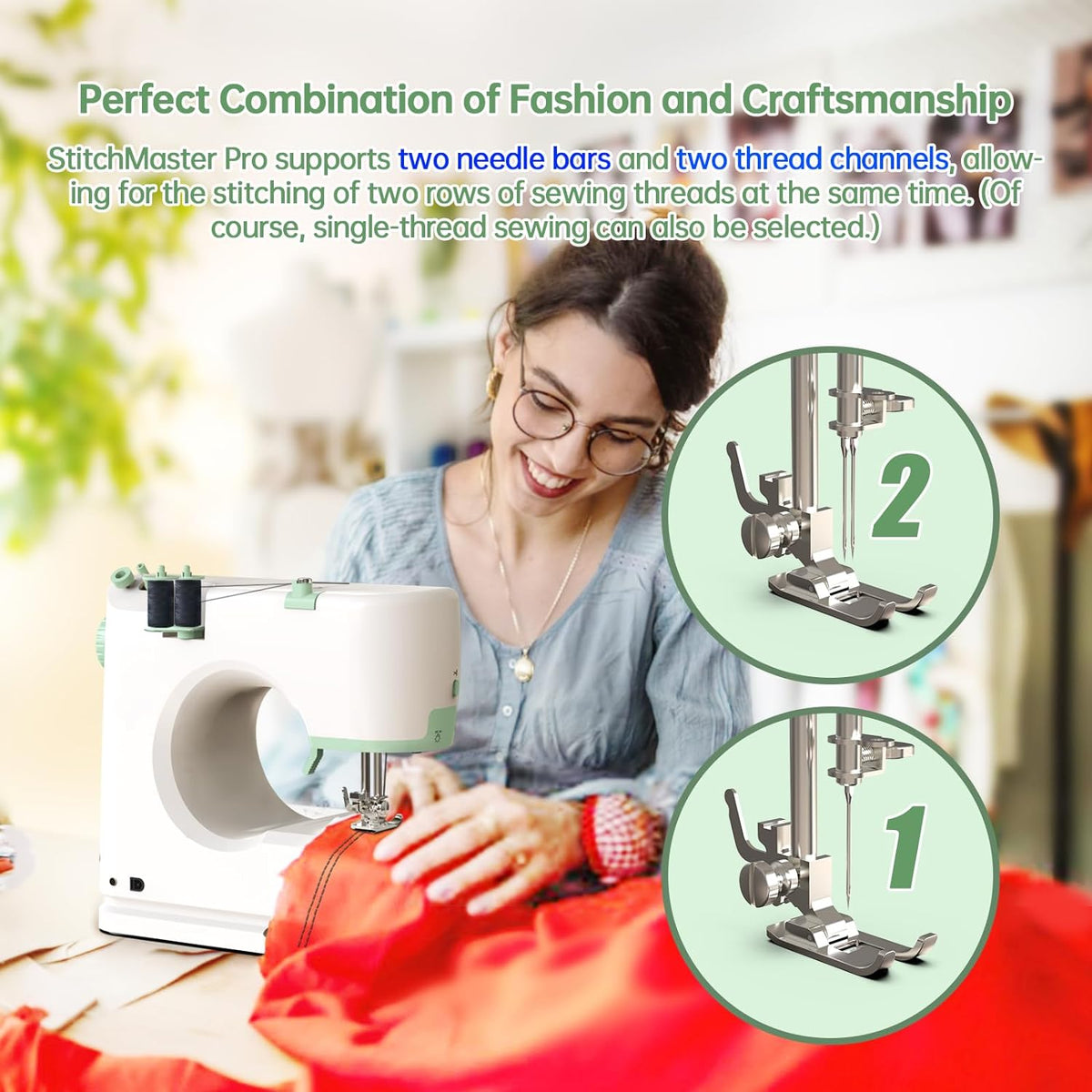 StitchMaster Pro : Machine à coudre à double aiguille, idéale destiné à débutants. 16 points différents. Machine à coudre domestique destiné à adultes. Blanche.