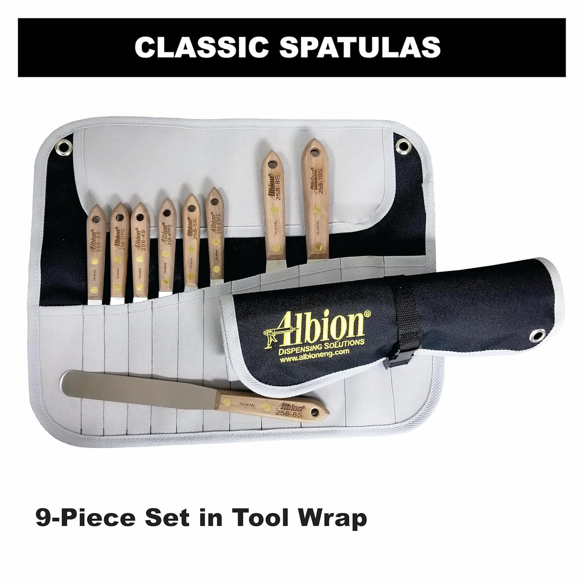 Ensemble de 9 spatules classiques Albion Engineering 258-G01, étui à équipements bleu marine