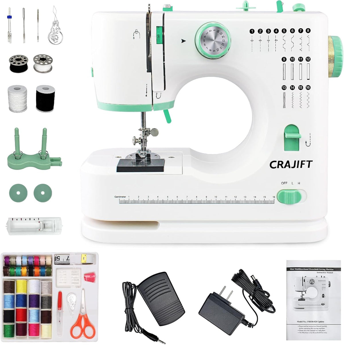 Mini machine à coudre destiné à débutants, 16 points intégrés, 2 aiguilles, vitesse réglable, machine à coudre électrique portable doté de kit d'accessoires complet, idéale destiné à les projets de couture DIY